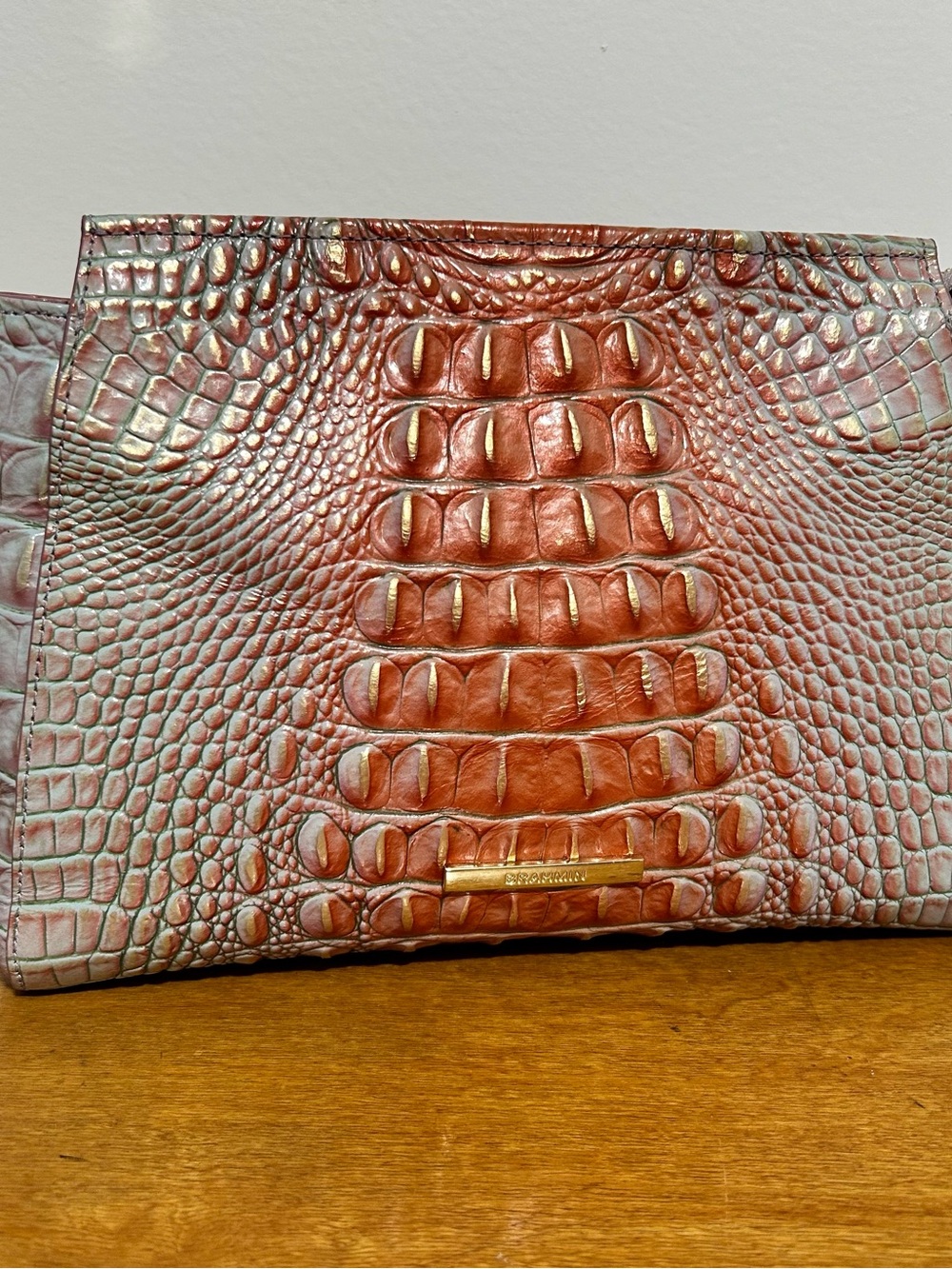 Brahmin Orange Lavender Grey Croc-Embossed Leather Crossbody with Gold Accent